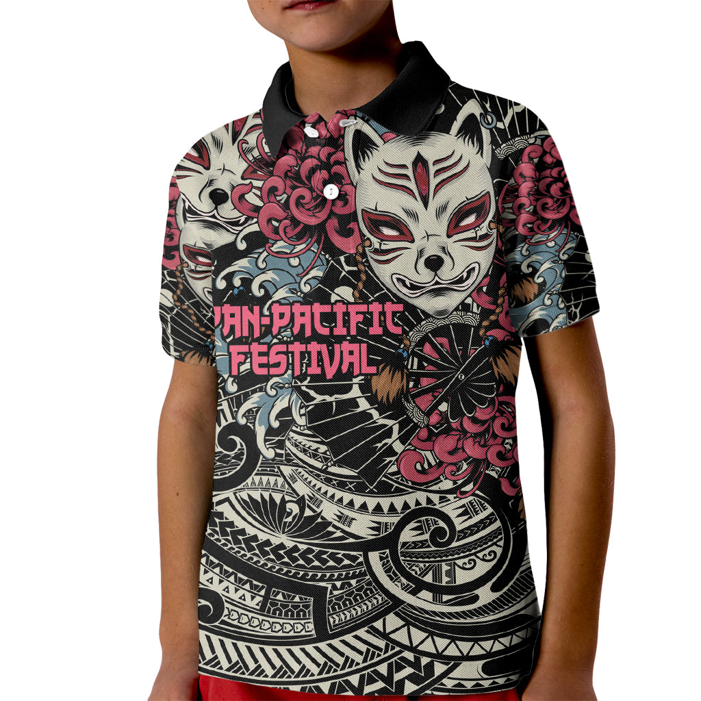 Personalized Japanese Kitsune Mask Kid Polo Shirt With Polynesian Arty Style