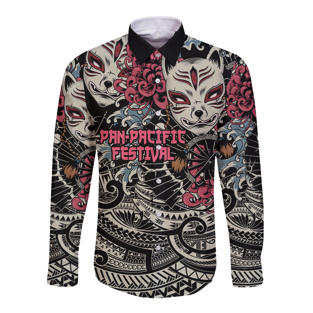 Personalized Japanese Kitsune Mask Long Sleeve Button Shirt With Polynesian Arty Style LT9 Unisex Black - Polynesian Pride