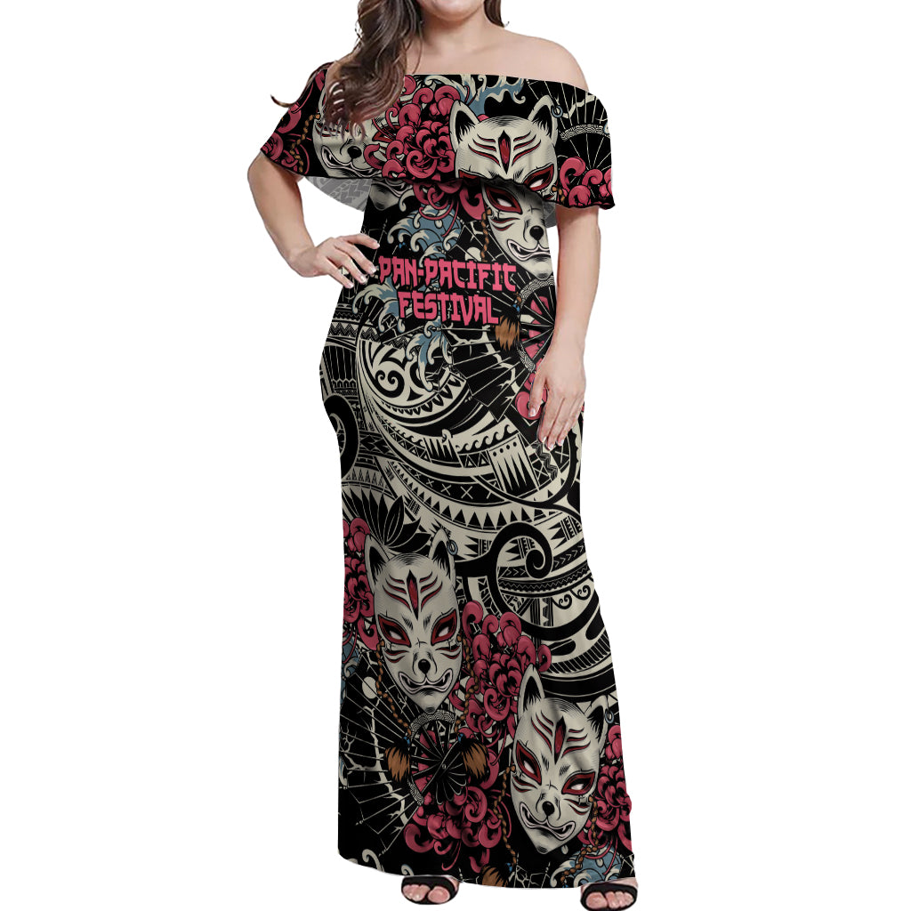 Personalized Japanese Kitsune Mask Off Shoulder Maxi Dress With Polynesian Arty Style