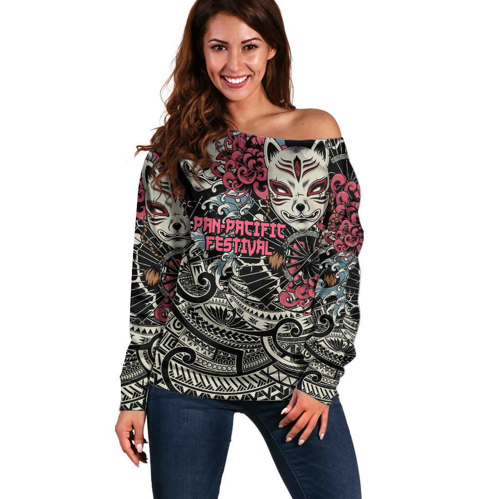 Personalized Japanese Kitsune Mask Off Shoulder Sweater With Polynesian Arty Style LT9 Women Black - Polynesian Pride