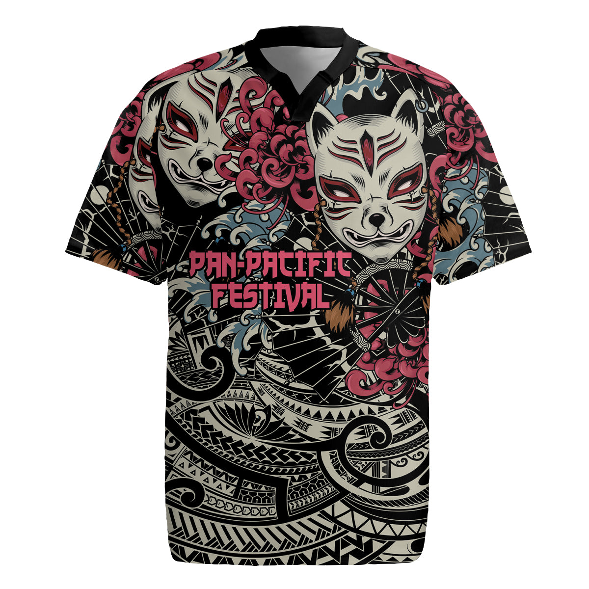 Personalized Japanese Kitsune Mask Rugby Jersey With Polynesian Arty Style LT9 Black - Polynesian Pride