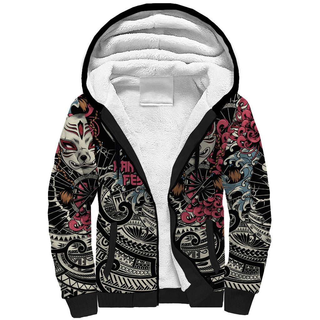 Personalized Japanese Kitsune Mask Sherpa Hoodie With Polynesian Arty Style
