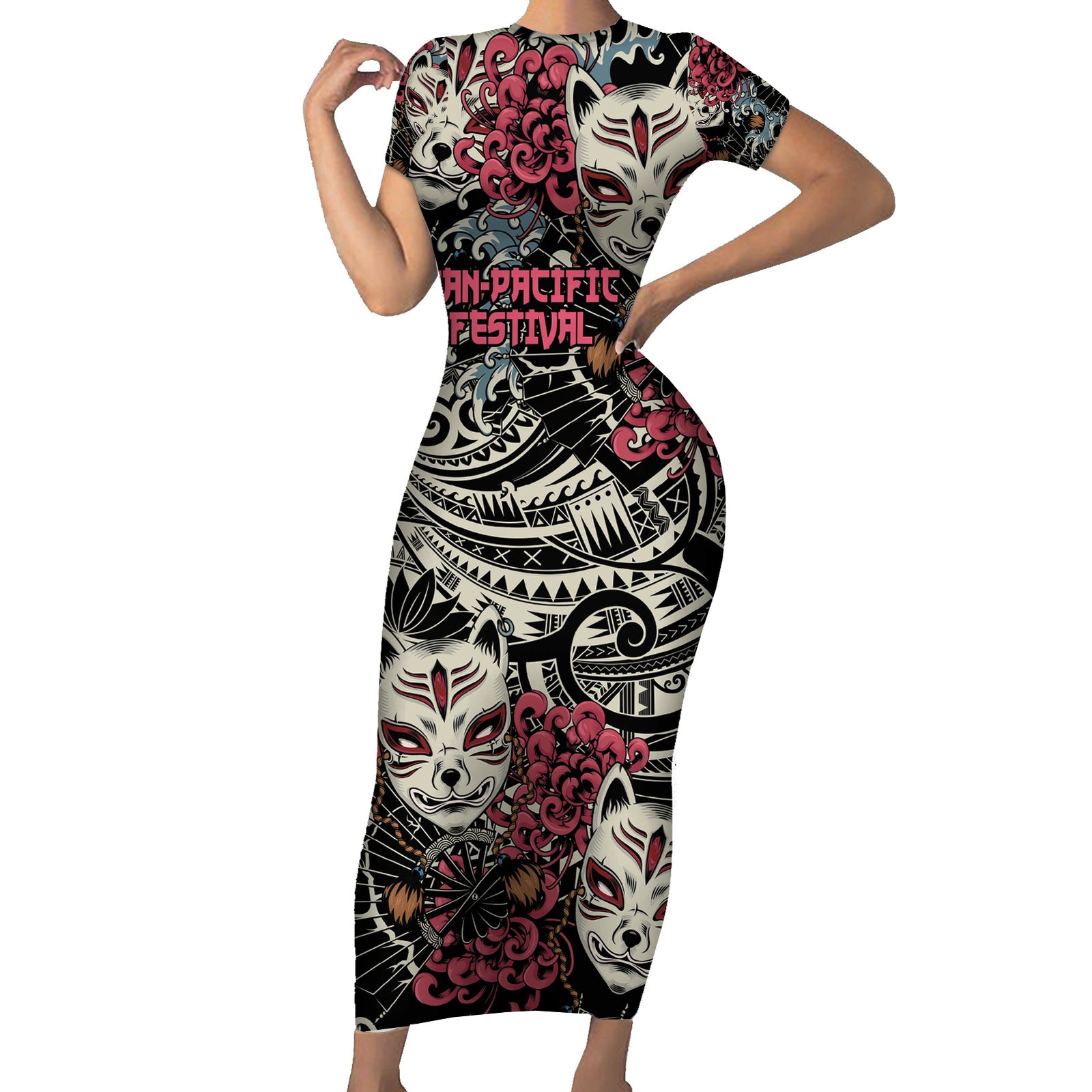 Personalized Japanese Kitsune Mask Short Sleeve Bodycon Dress With Polynesian Arty Style LT9 Long Dress Black - Polynesian Pride