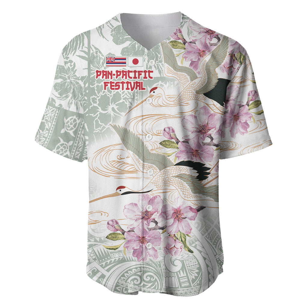 Personalized Japanese Shirasagi Bird Baseball Jersey Sakura and Hibiscus Polynesian Pattern LT9 White - Polynesian Pride