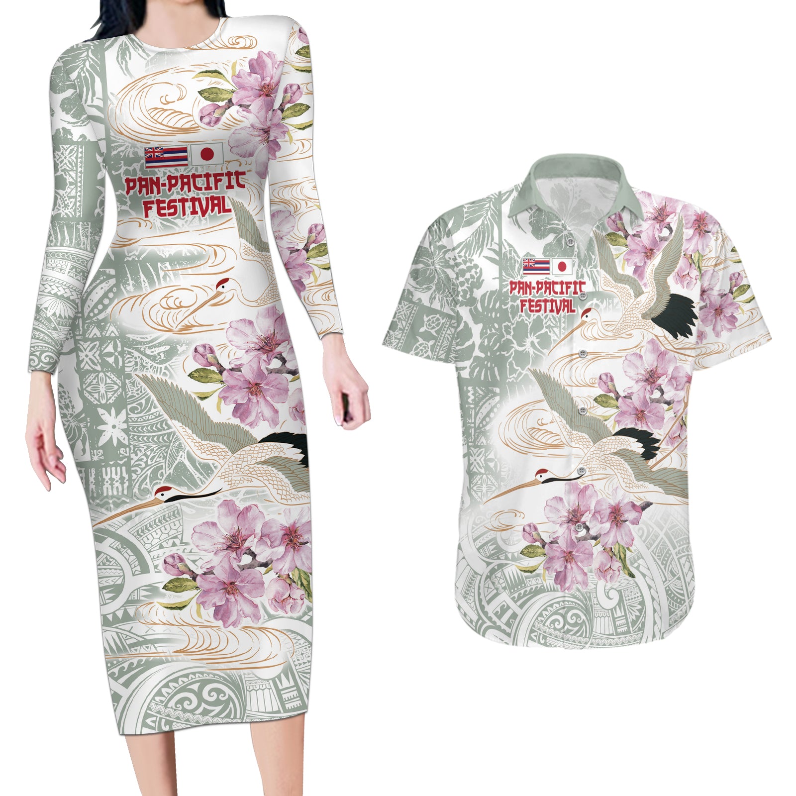 Personalized Japanese Shirasagi Bird Couples Matching Long Sleeve Bodycon Dress and Hawaiian Shirt Sakura and Hibiscus Polynesian Pattern LT9 White - Polynesian Pride