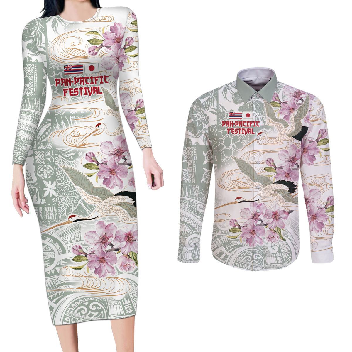 Personalized Japanese Shirasagi Bird Couples Matching Long Sleeve Bodycon Dress and Long Sleeve Button Shirt Sakura and Hibiscus Polynesian Pattern
