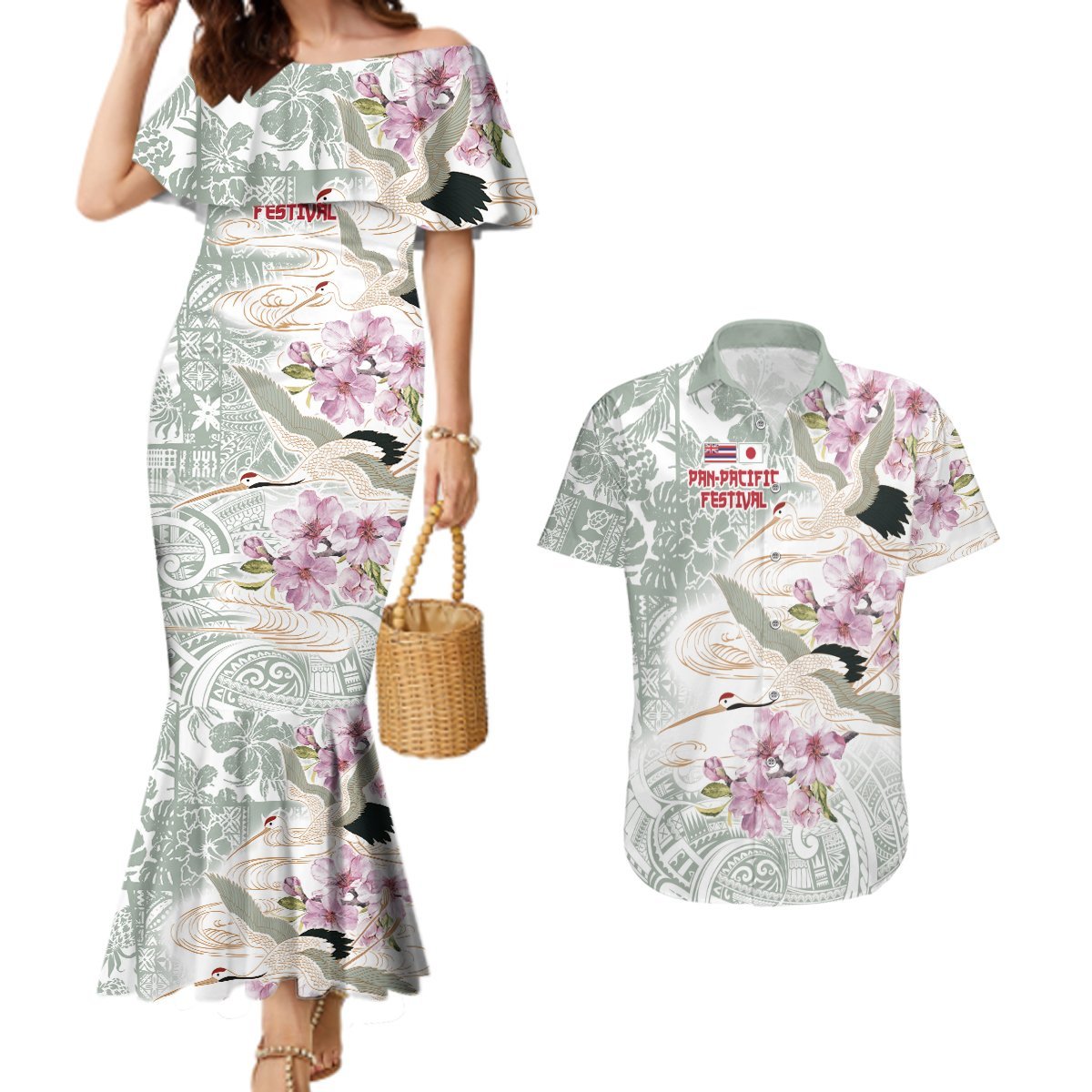 Personalized Japanese Shirasagi Bird Couples Matching Mermaid Dress and Hawaiian Shirt Sakura and Hibiscus Polynesian Pattern LT9 White - Polynesian Pride