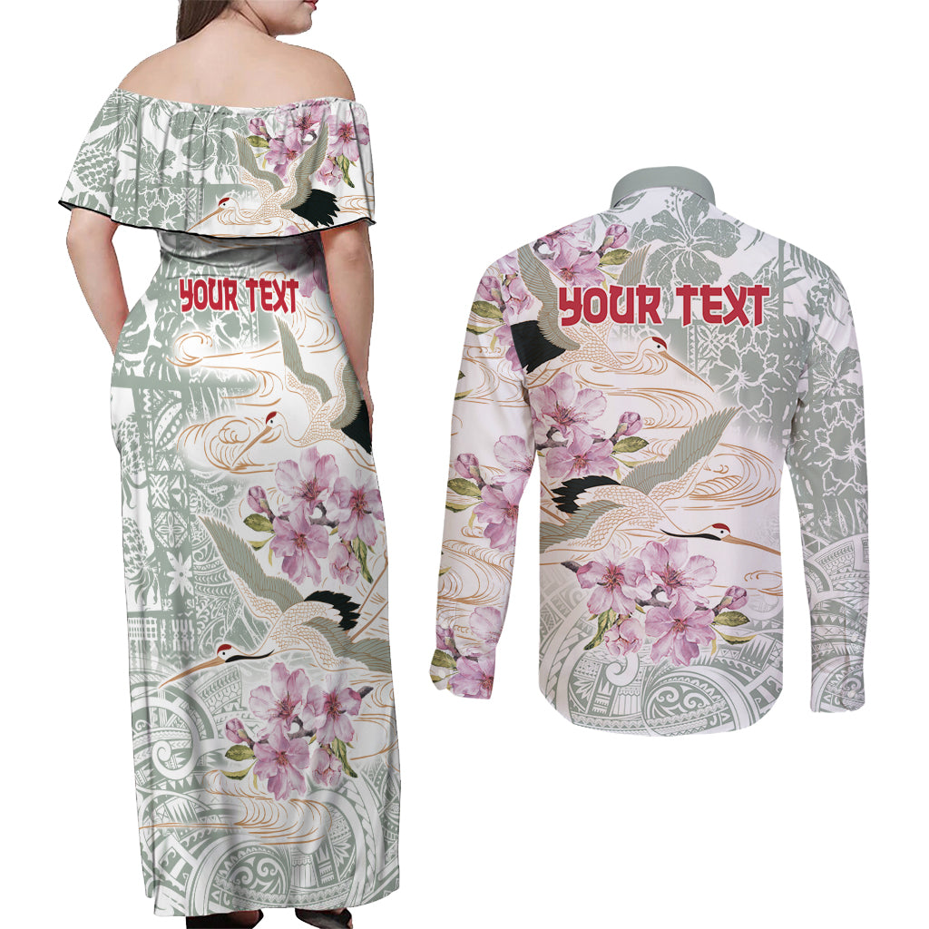Personalized Japanese Shirasagi Bird Couples Matching Off Shoulder Maxi Dress and Long Sleeve Button Shirt Sakura and Hibiscus Polynesian Pattern
