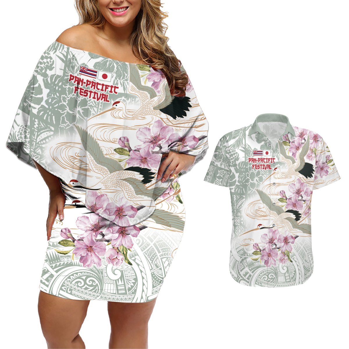 Personalized Japanese Shirasagi Bird Couples Matching Off Shoulder Short Dress and Hawaiian Shirt Sakura and Hibiscus Polynesian Pattern LT9 White - Polynesian Pride