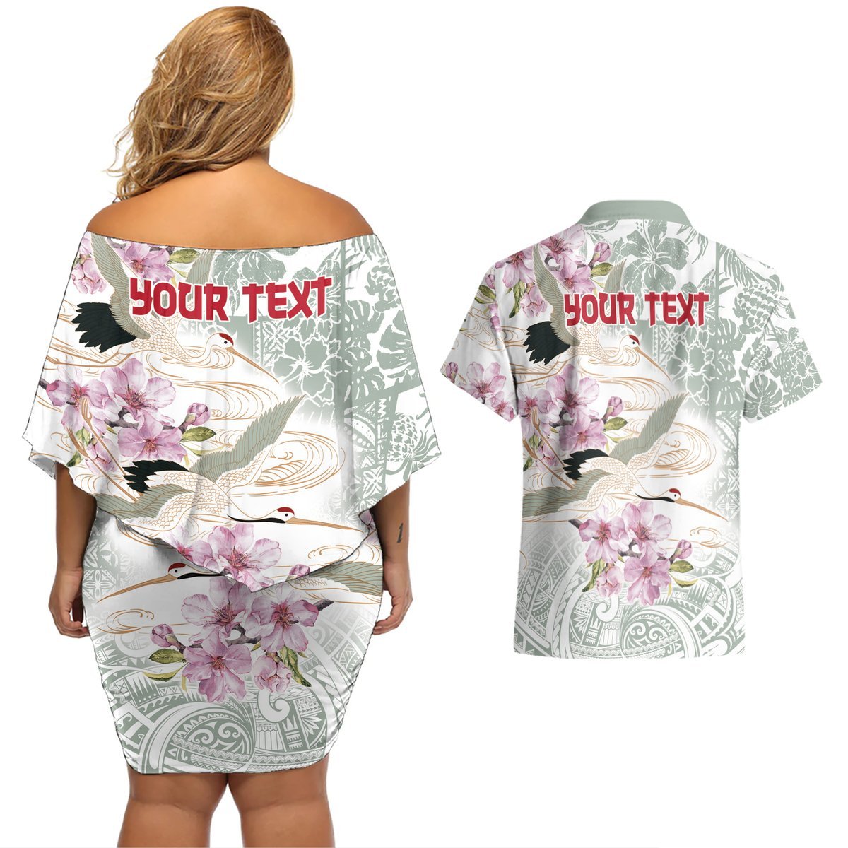 Personalized Japanese Shirasagi Bird Couples Matching Off Shoulder Short Dress and Hawaiian Shirt Sakura and Hibiscus Polynesian Pattern LT9 - Polynesian Pride