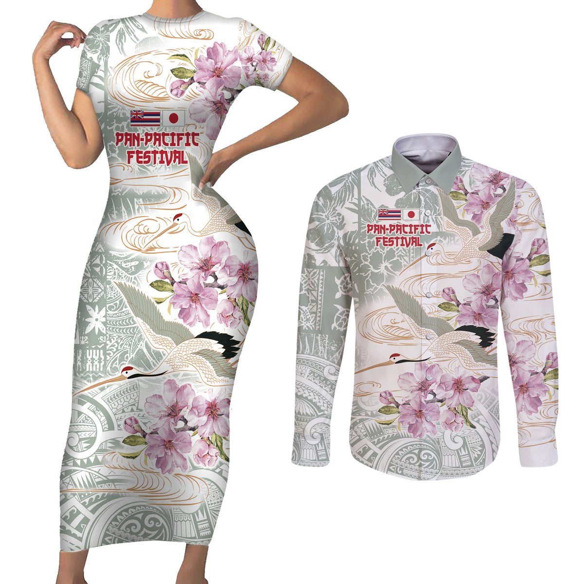 Personalized Japanese Shirasagi Bird Couples Matching Short Sleeve Bodycon Dress and Long Sleeve Button Shirt Sakura and Hibiscus Polynesian Pattern