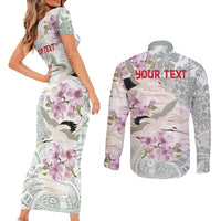 Personalized Japanese Shirasagi Bird Couples Matching Short Sleeve Bodycon Dress and Long Sleeve Button Shirt Sakura and Hibiscus Polynesian Pattern
