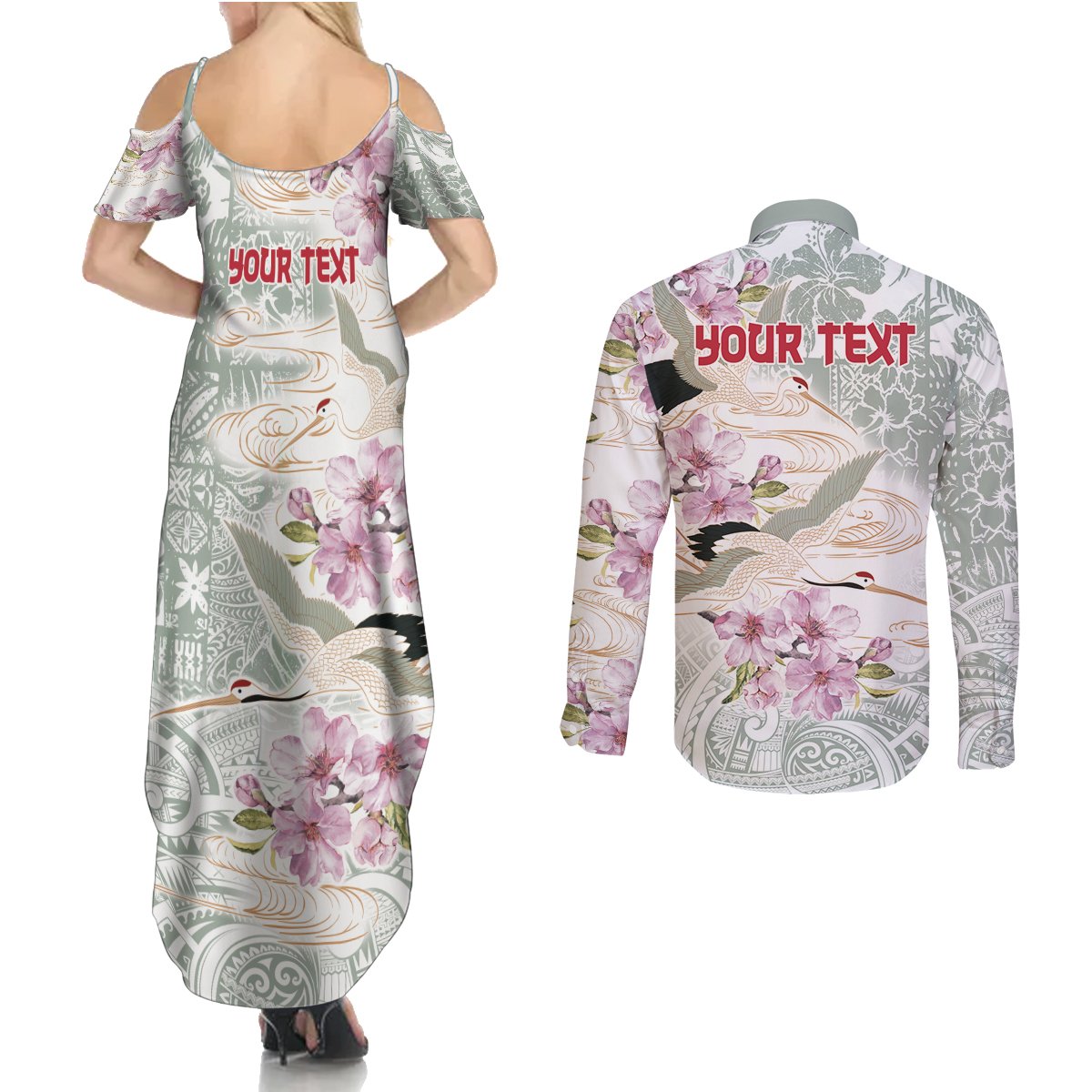 Personalized Japanese Shirasagi Bird Couples Matching Summer Maxi Dress and Long Sleeve Button Shirt Sakura and Hibiscus Polynesian Pattern