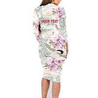 Personalized Japanese Shirasagi Bird Family Matching Long Sleeve Bodycon Dress and Hawaiian Shirt Sakura and Hibiscus Polynesian Pattern LT9 - Polynesian Pride