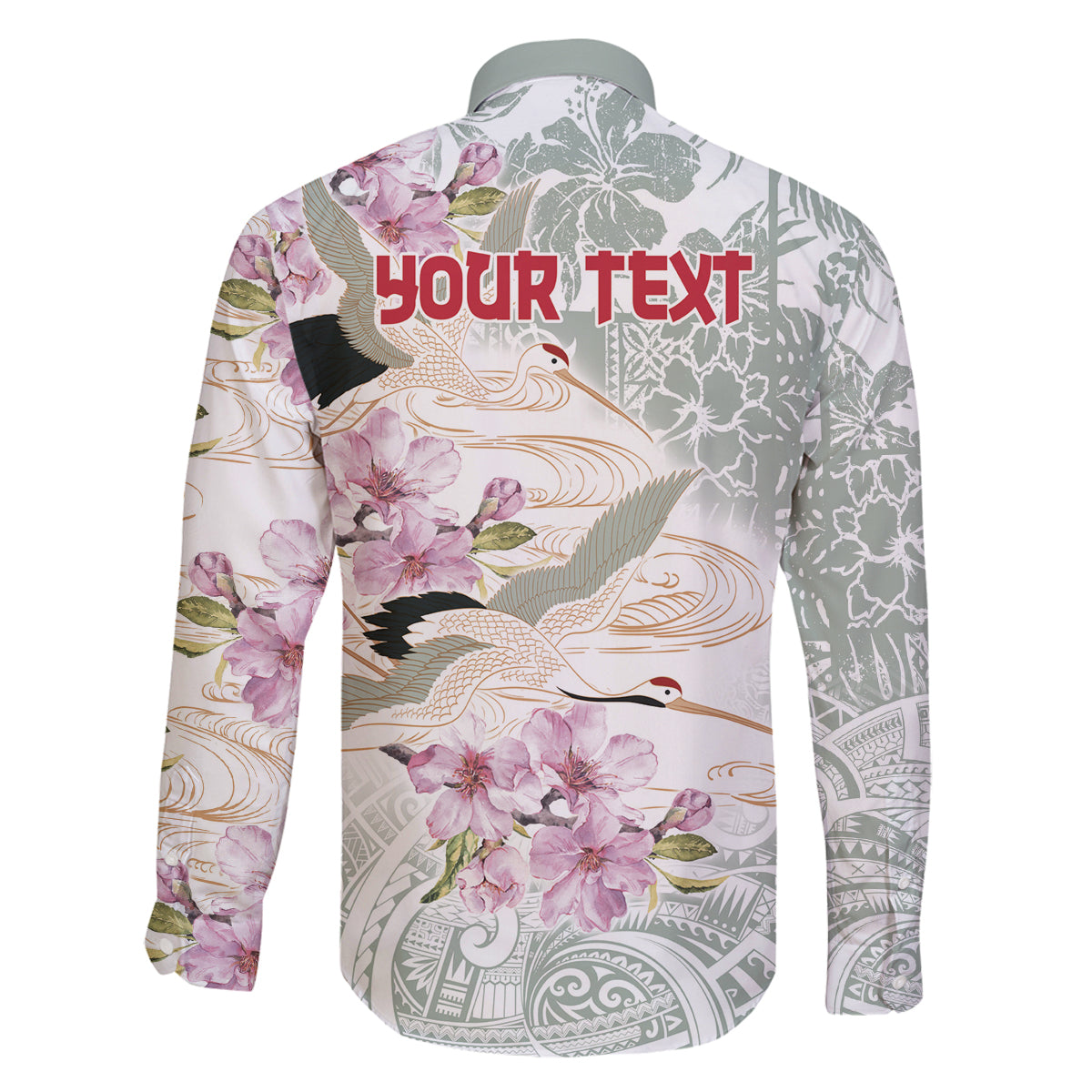 Personalized Japanese Shirasagi Bird Family Matching Mermaid Dress and Hawaiian Shirt Sakura and Hibiscus Polynesian Pattern
