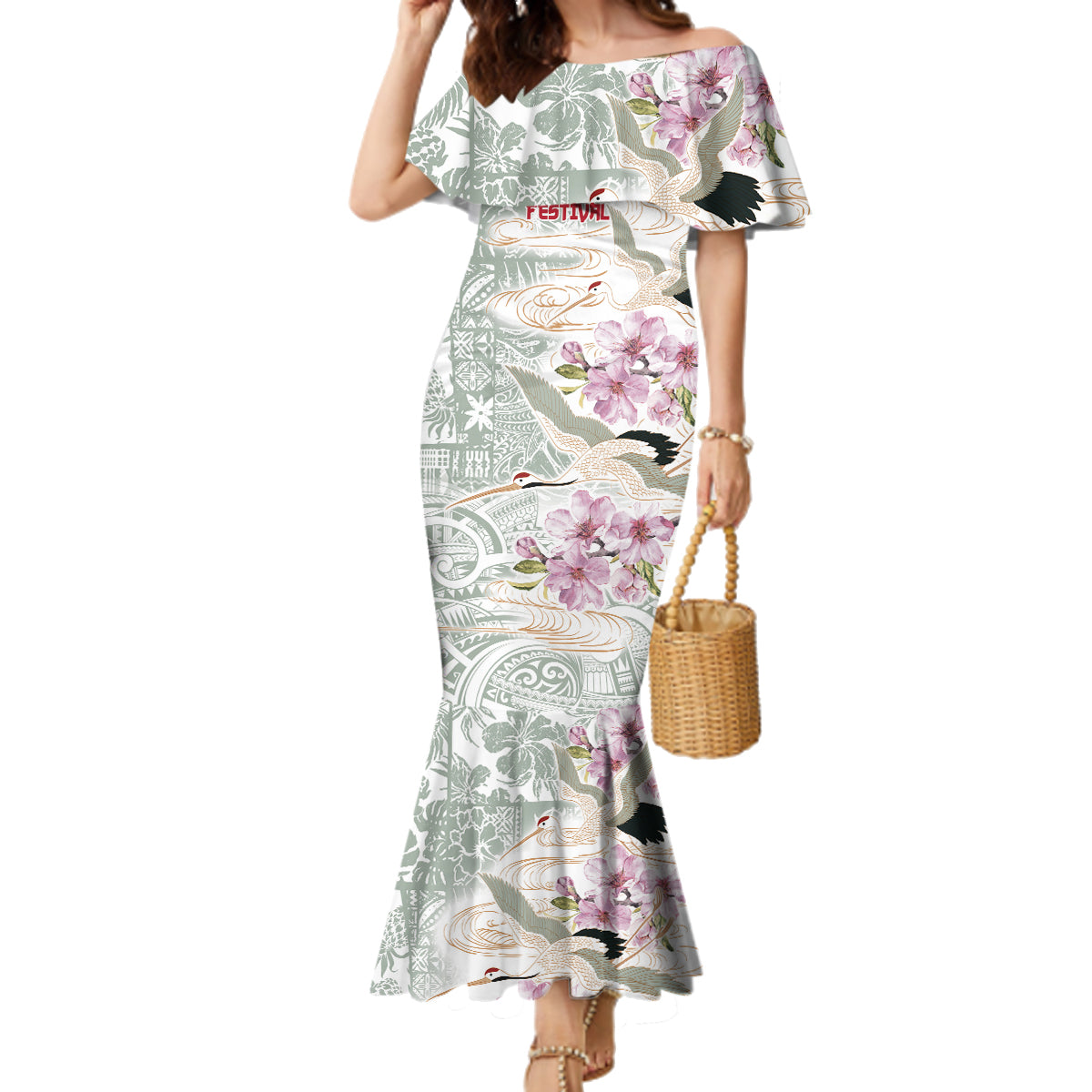 Personalized Japanese Shirasagi Bird Family Matching Mermaid Dress and Hawaiian Shirt Sakura and Hibiscus Polynesian Pattern