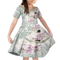 Personalized Japanese Shirasagi Bird Family Matching Off The Shoulder Long Sleeve Dress and Hawaiian Shirt Sakura and Hibiscus Polynesian Pattern LT9 Daughter's Dress White - Polynesian Pride