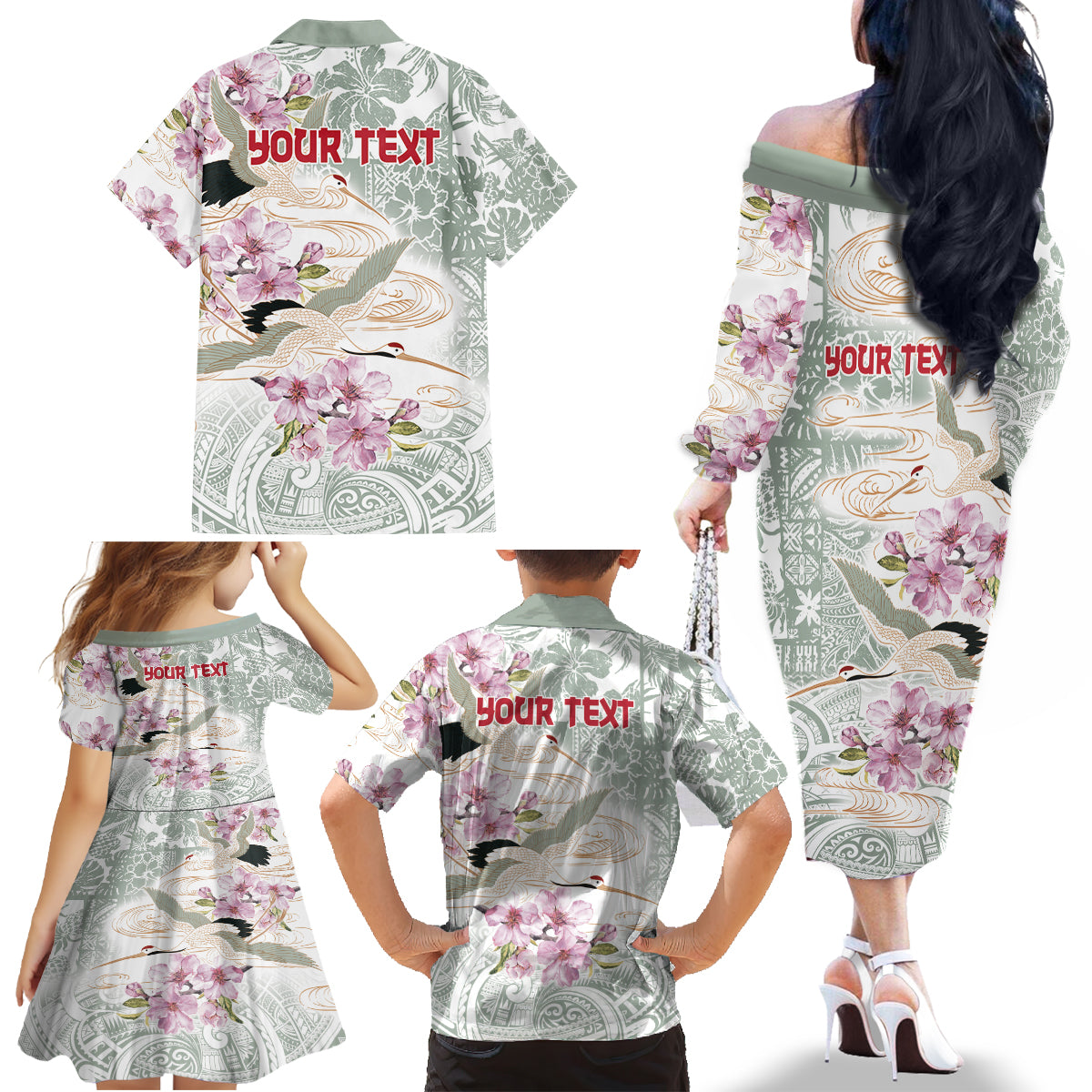 Personalized Japanese Shirasagi Bird Family Matching Off The Shoulder Long Sleeve Dress and Hawaiian Shirt Sakura and Hibiscus Polynesian Pattern LT9 - Polynesian Pride
