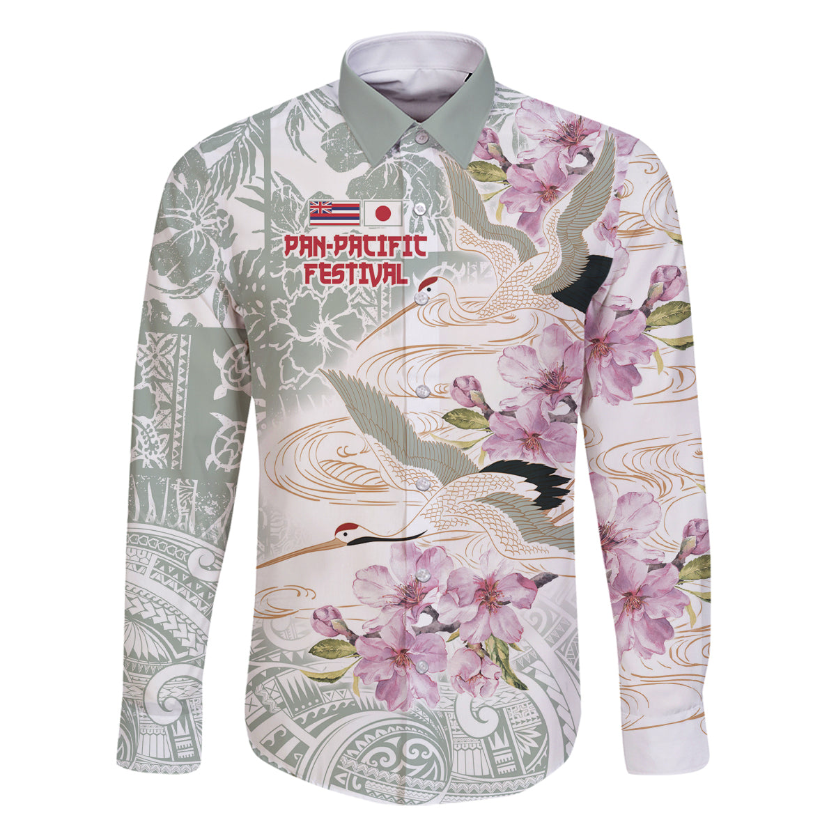 Personalized Japanese Shirasagi Bird Family Matching Off The Shoulder Long Sleeve Dress and Hawaiian Shirt Sakura and Hibiscus Polynesian Pattern LT9 Dad's Shirt - Long Sleeve White - Polynesian Pride