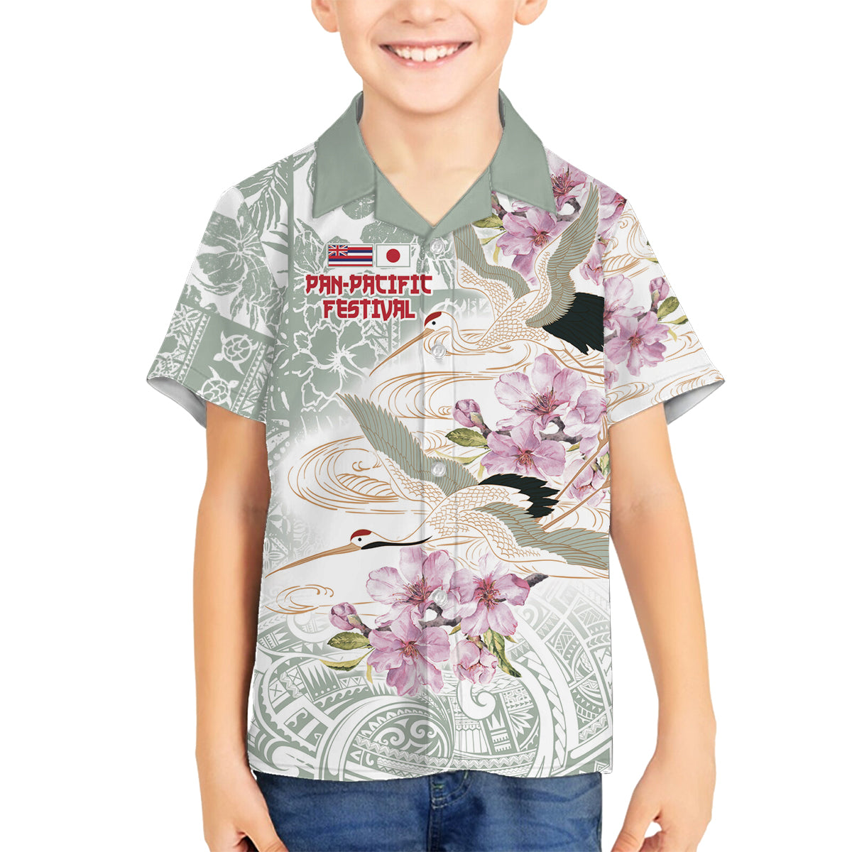 Personalized Japanese Shirasagi Bird Family Matching Off Shoulder Maxi Dress and Hawaiian Shirt Sakura and Hibiscus Polynesian Pattern