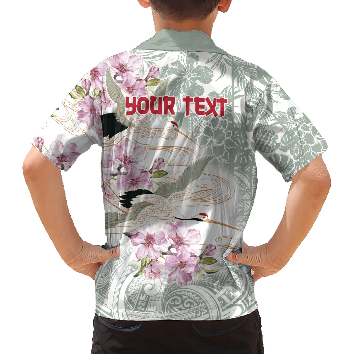 Personalized Japanese Shirasagi Bird Family Matching Short Sleeve Bodycon Dress and Hawaiian Shirt Sakura and Hibiscus Polynesian Pattern LT9 - Polynesian Pride