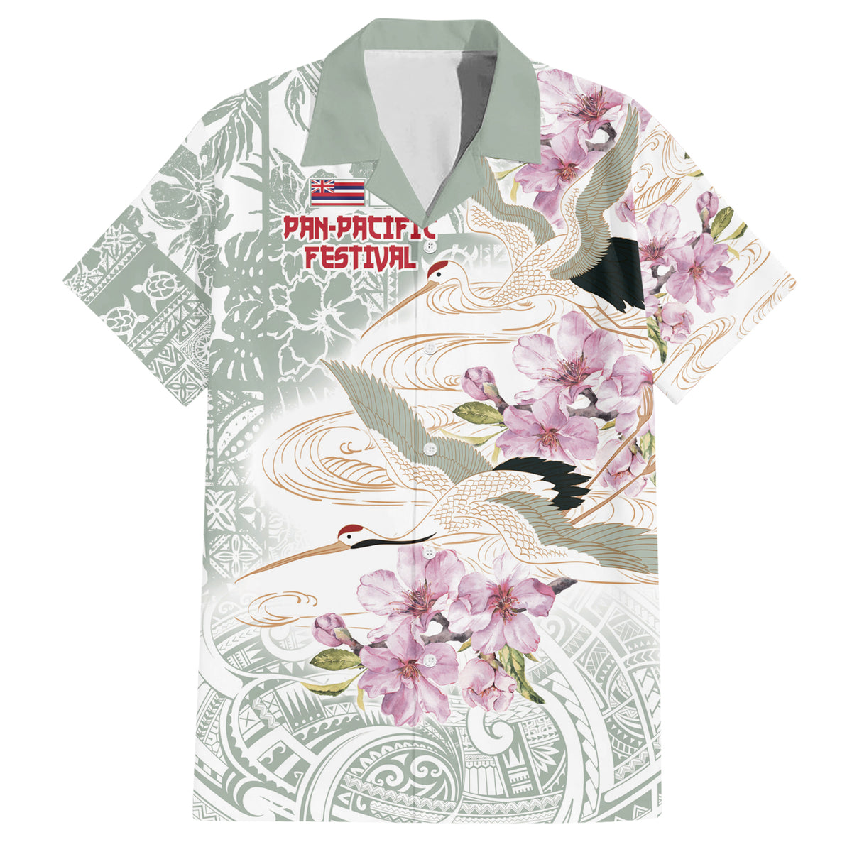 Personalized Japanese Shirasagi Bird Family Matching Short Sleeve Bodycon Dress and Hawaiian Shirt Sakura and Hibiscus Polynesian Pattern LT9 Dad's Shirt - Short Sleeve White - Polynesian Pride