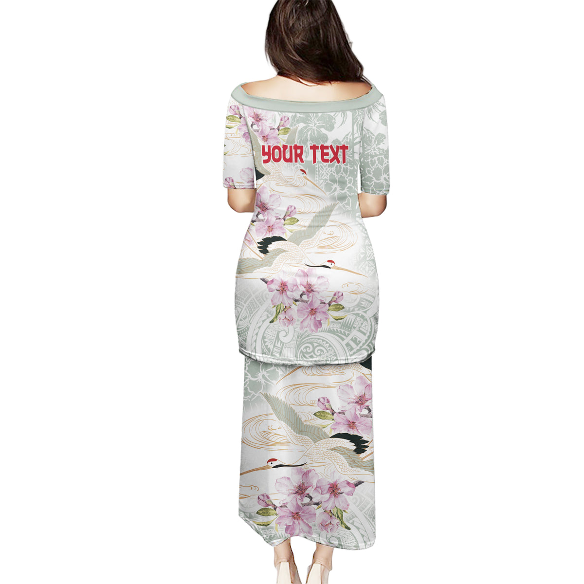 Personalized Japanese Shirasagi Bird Puletasi Sakura and Hibiscus Polynesian Pattern