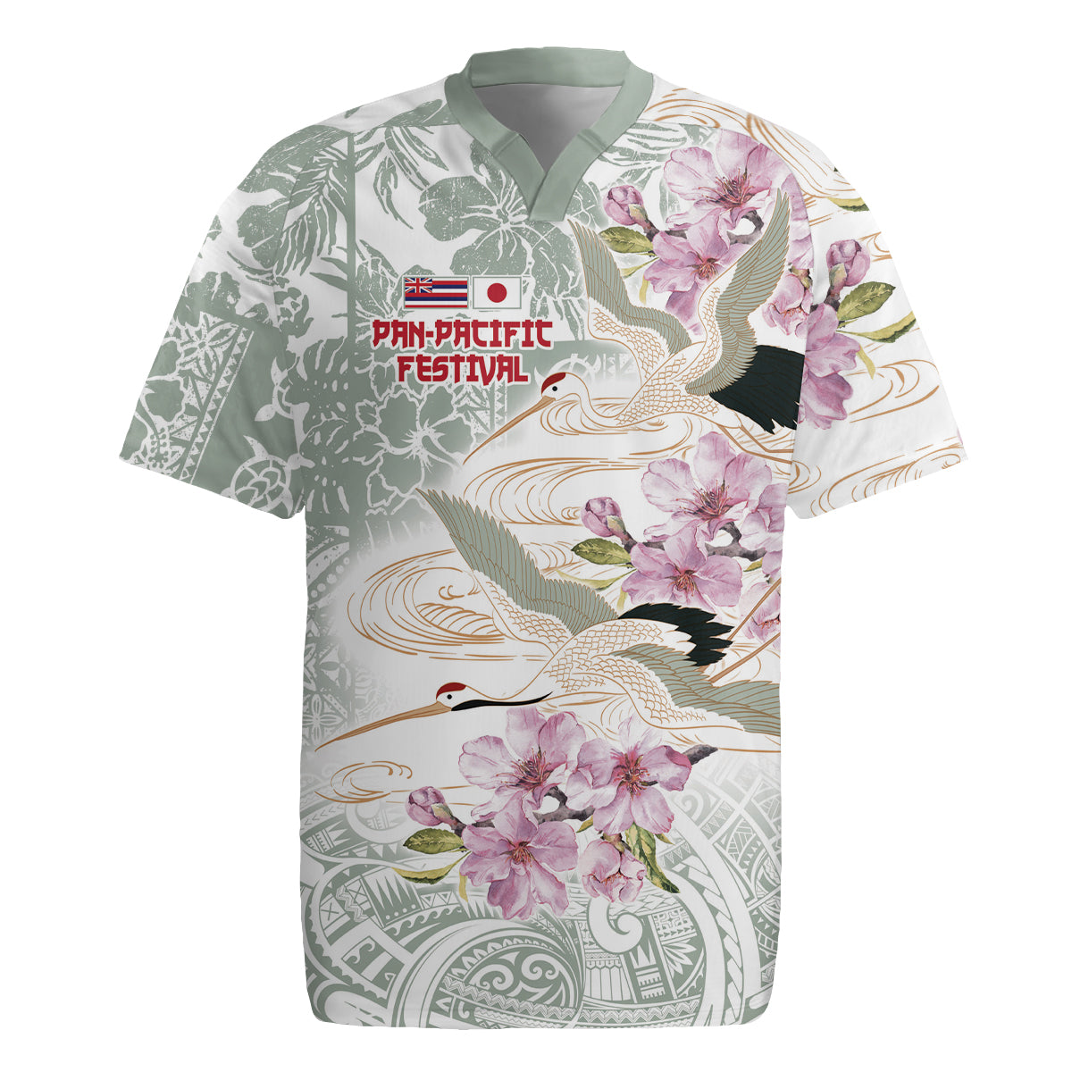 Personalized Japanese Shirasagi Bird Rugby Jersey Sakura and Hibiscus Polynesian Pattern LT9 White - Polynesian Pride