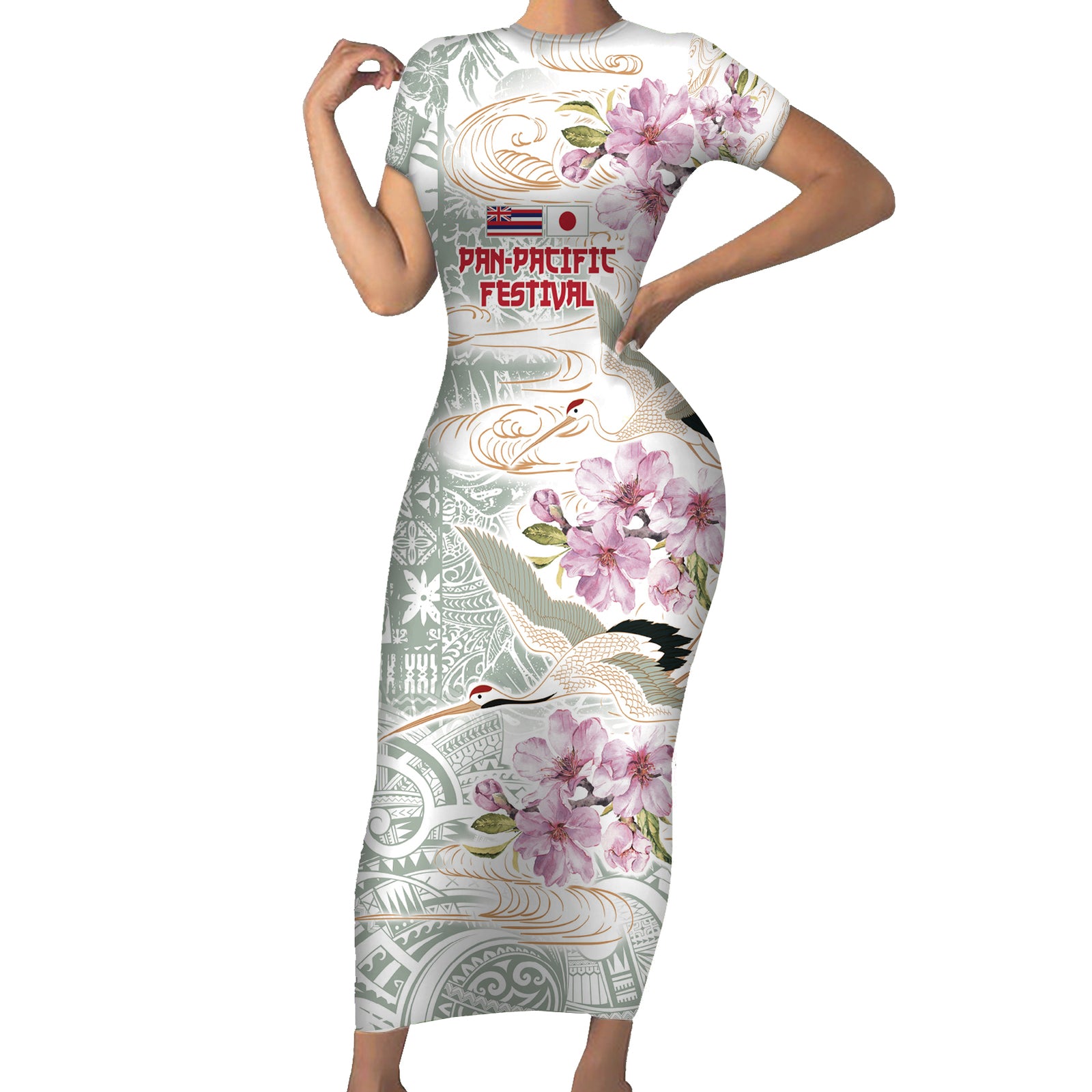 Personalized Japanese Shirasagi Bird Short Sleeve Bodycon Dress Sakura and Hibiscus Polynesian Pattern LT9 Long Dress White - Polynesian Pride