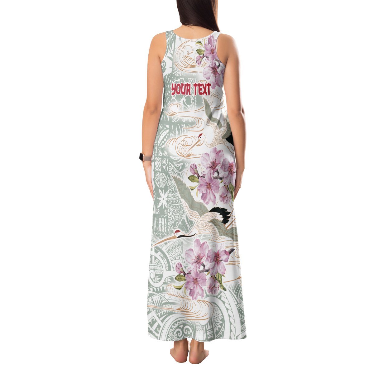 Personalized Japanese Shirasagi Bird Tank Maxi Dress Sakura and Hibiscus Polynesian Pattern