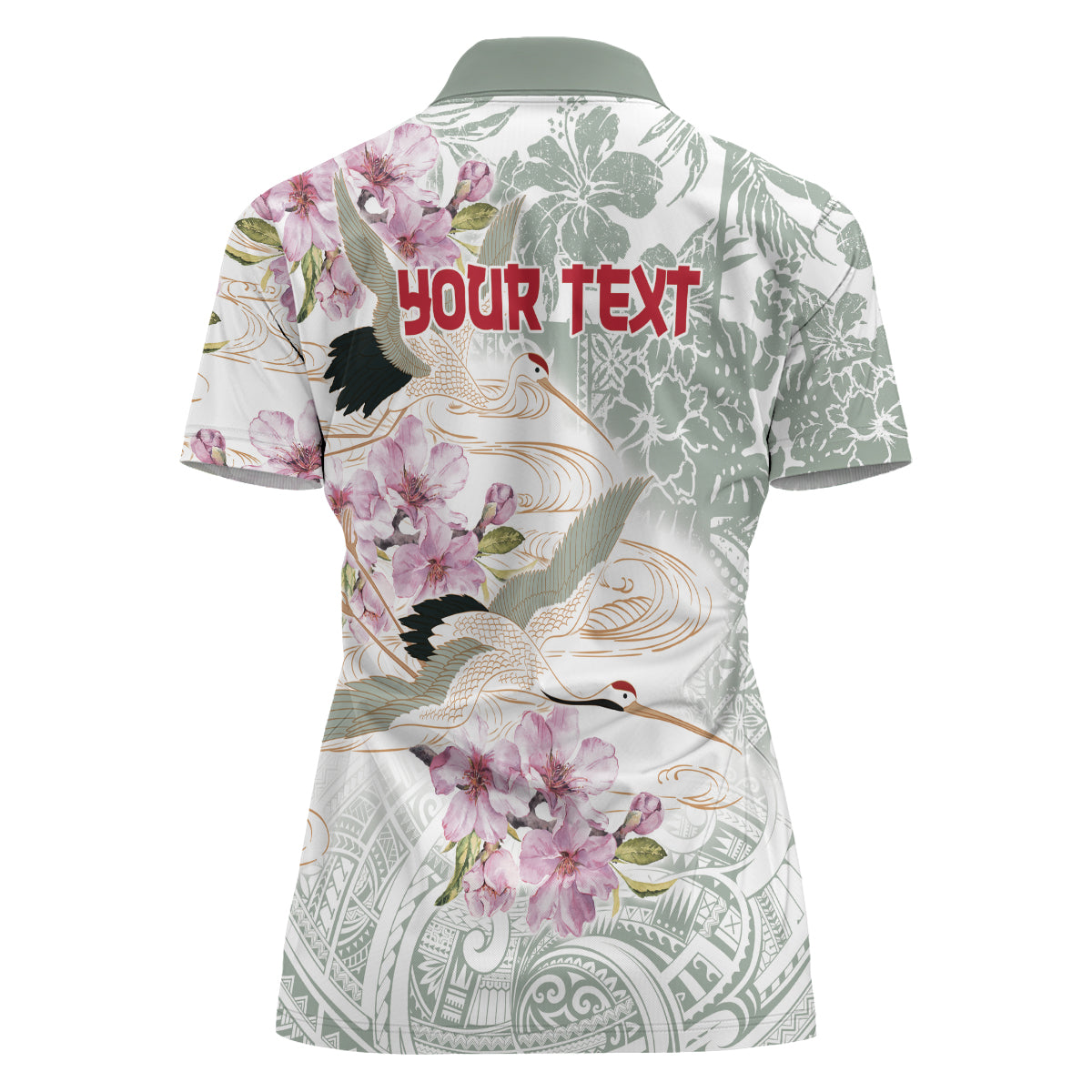 Personalized Japanese Shirasagi Bird Women Polo Shirt Sakura and Hibiscus Polynesian Pattern