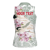 Personalized Japanese Shirasagi Bird Women Sleeveless Polo Shirt Sakura and Hibiscus Polynesian Pattern