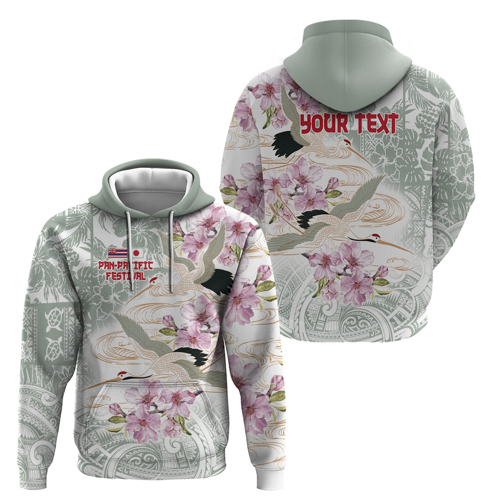 Personalized Japanese Shirasagi Bird Zip Hoodie Sakura and Hibiscus Polynesian Pattern