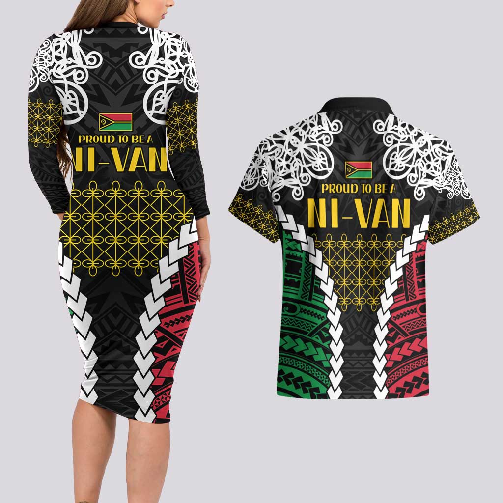 Halo Vanuatu Pride Couples Matching Long Sleeve Bodycon Dress and Hawaiian Shirt Vanuatuan Sand Drawing Pattern