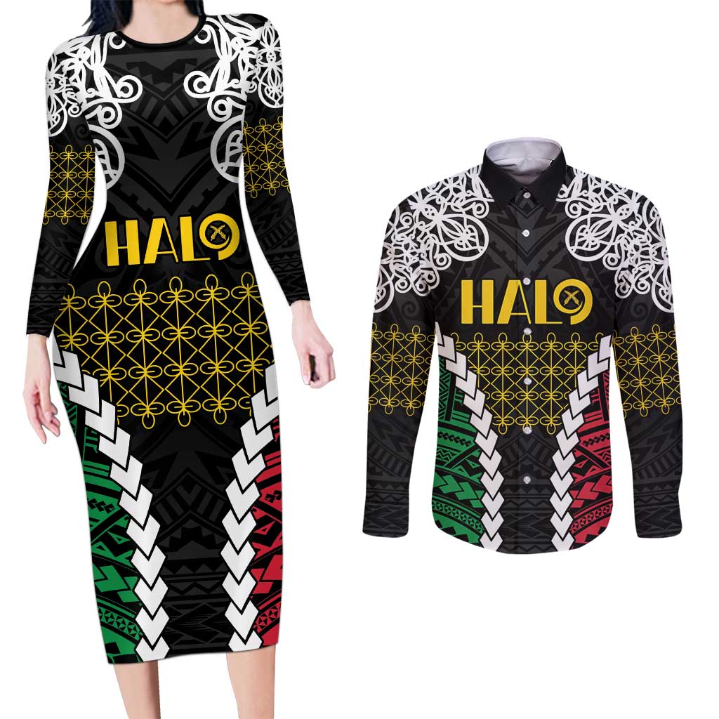 Halo Vanuatu Pride Couples Matching Long Sleeve Bodycon Dress and Long Sleeve Button Shirt Vanuatuan Sand Drawing Pattern