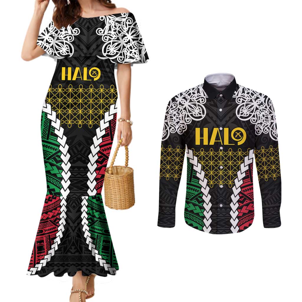 Halo Vanuatu Pride Couples Matching Mermaid Dress and Long Sleeve Button Shirt Vanuatuan Sand Drawing Pattern