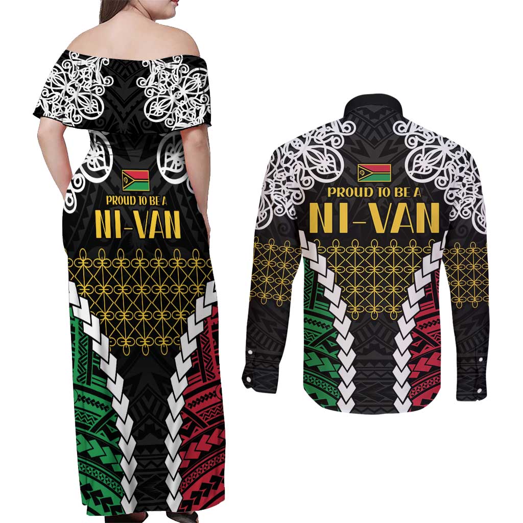 Halo Vanuatu Pride Couples Matching Off Shoulder Maxi Dress and Long Sleeve Button Shirt Vanuatuan Sand Drawing Pattern