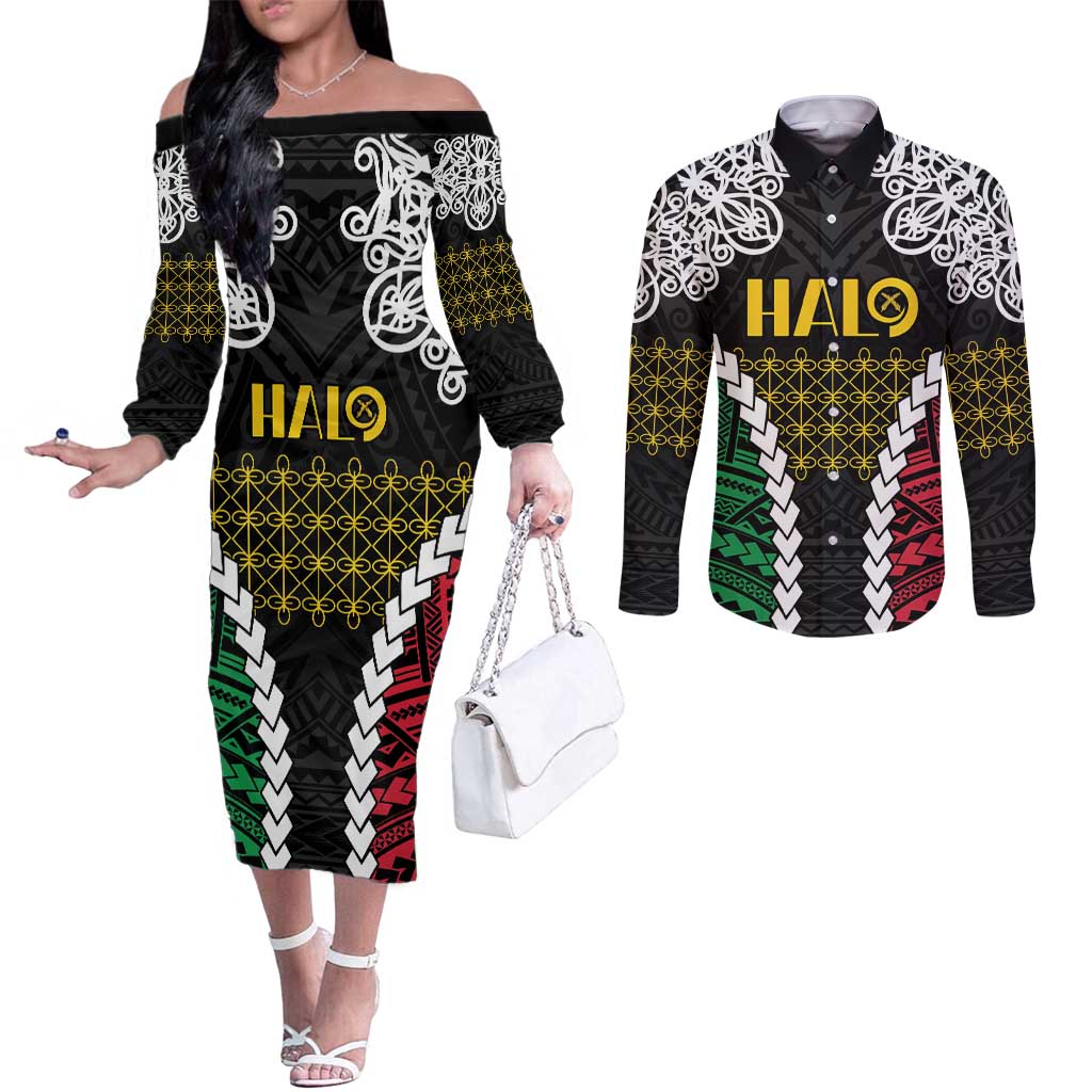Halo Vanuatu Pride Couples Matching Off The Shoulder Long Sleeve Dress and Long Sleeve Button Shirt Vanuatuan Sand Drawing Pattern