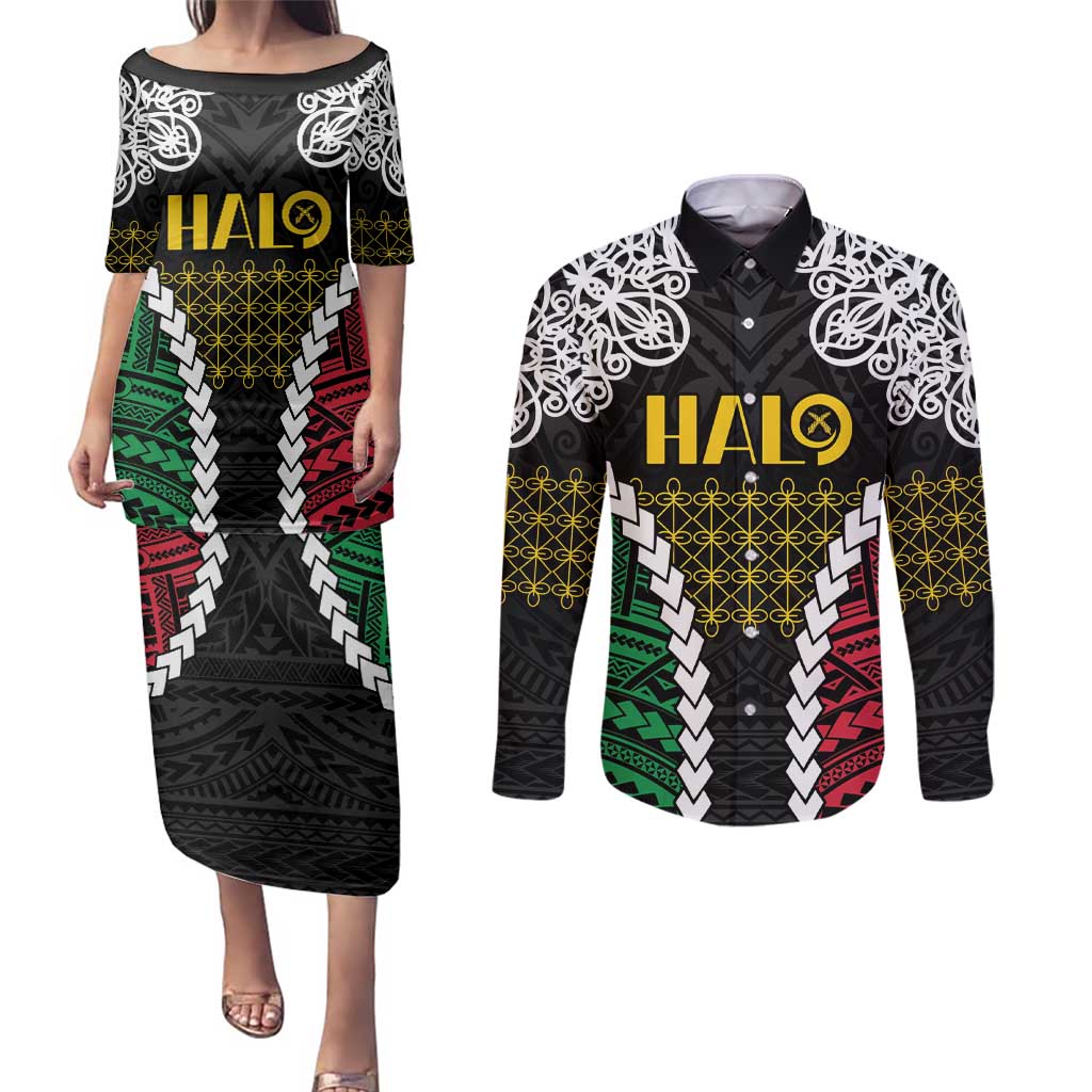 Halo Vanuatu Pride Couples Matching Puletasi and Long Sleeve Button Shirt Vanuatuan Sand Drawing Pattern