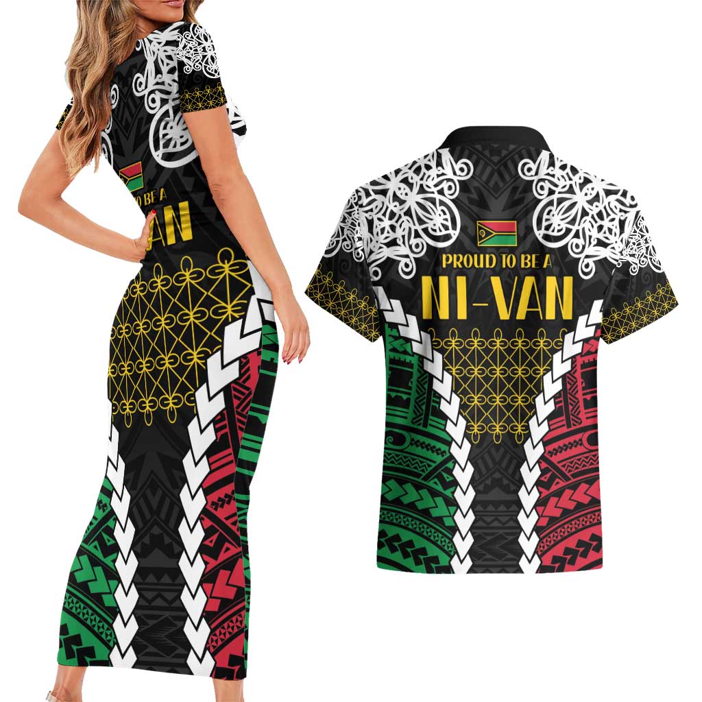 Halo Vanuatu Pride Couples Matching Short Sleeve Bodycon Dress and Hawaiian Shirt Vanuatuan Sand Drawing Pattern