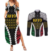 Halo Vanuatu Pride Couples Matching Summer Maxi Dress and Long Sleeve Button Shirt Vanuatuan Sand Drawing Pattern