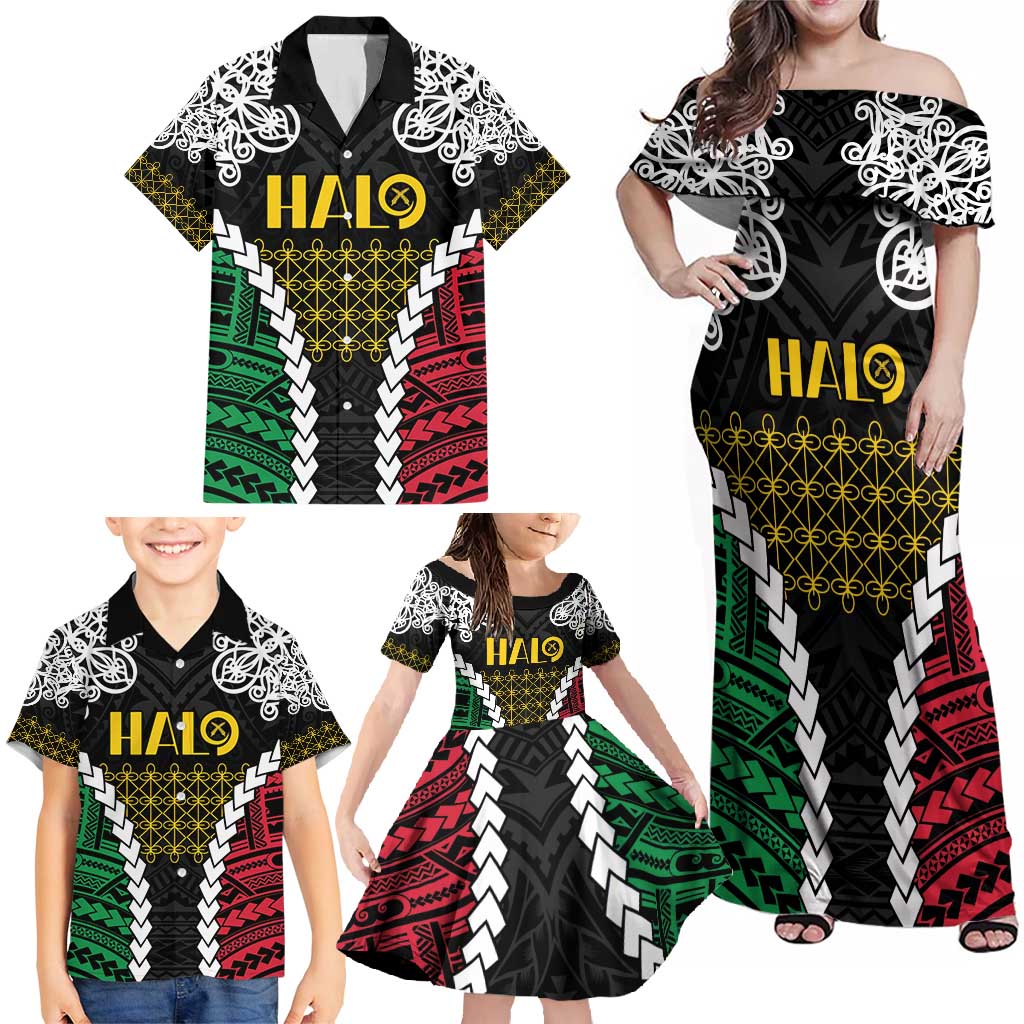Halo Vanuatu Pride Family Matching Off Shoulder Maxi Dress and Hawaiian Shirt Vanuatuan Sand Drawing Pattern