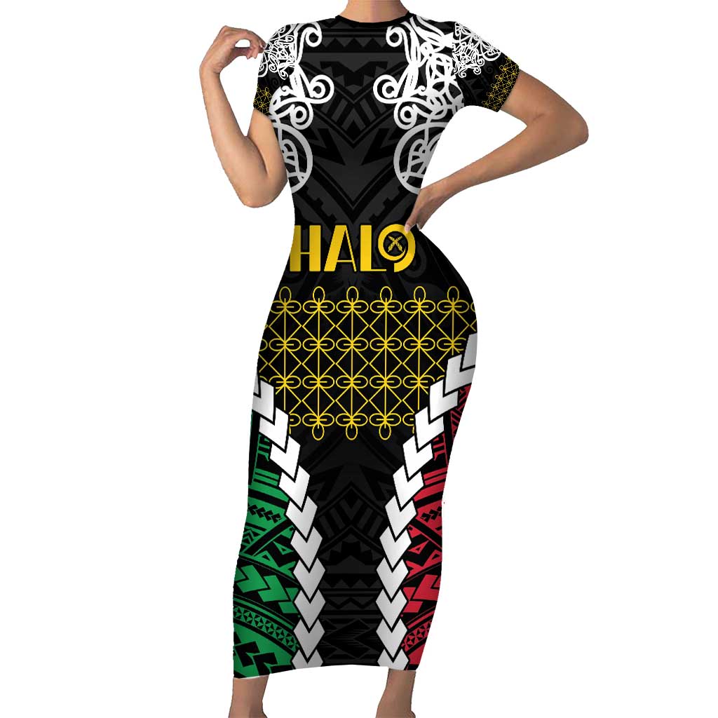 Halo Vanuatu Pride Family Matching Short Sleeve Bodycon Dress and Hawaiian Shirt Vanuatuan Sand Drawing Pattern
