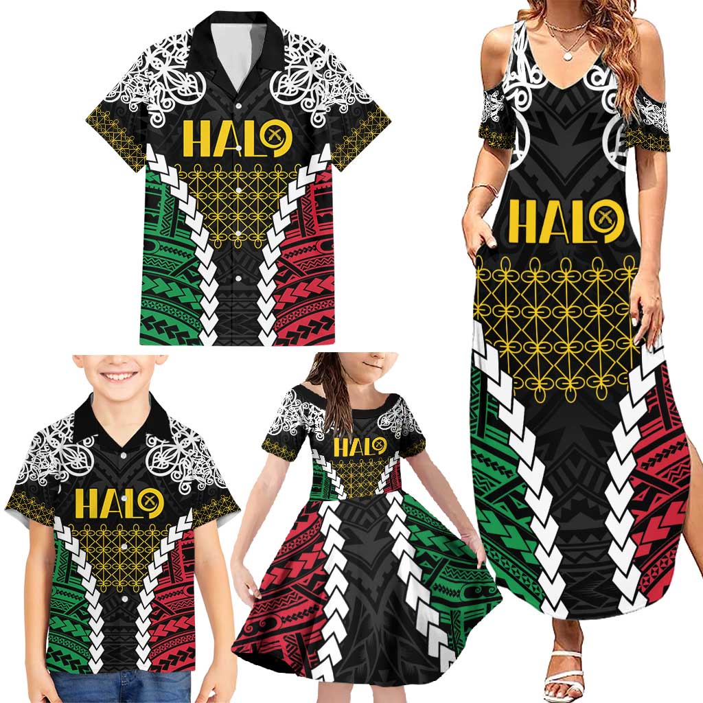 Halo Vanuatu Pride Family Matching Summer Maxi Dress and Hawaiian Shirt Vanuatuan Sand Drawing Pattern