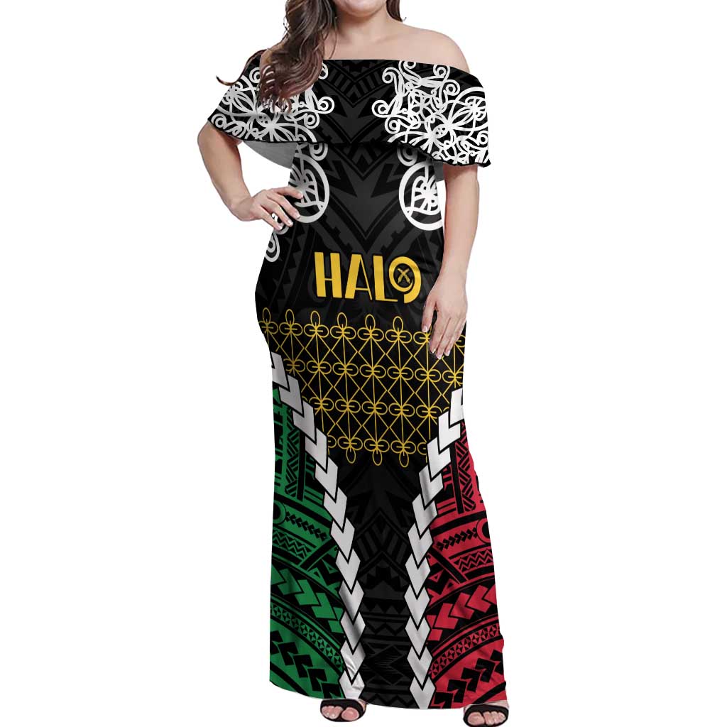 Halo Vanuatu Pride Off Shoulder Maxi Dress Vanuatuan Sand Drawing Pattern