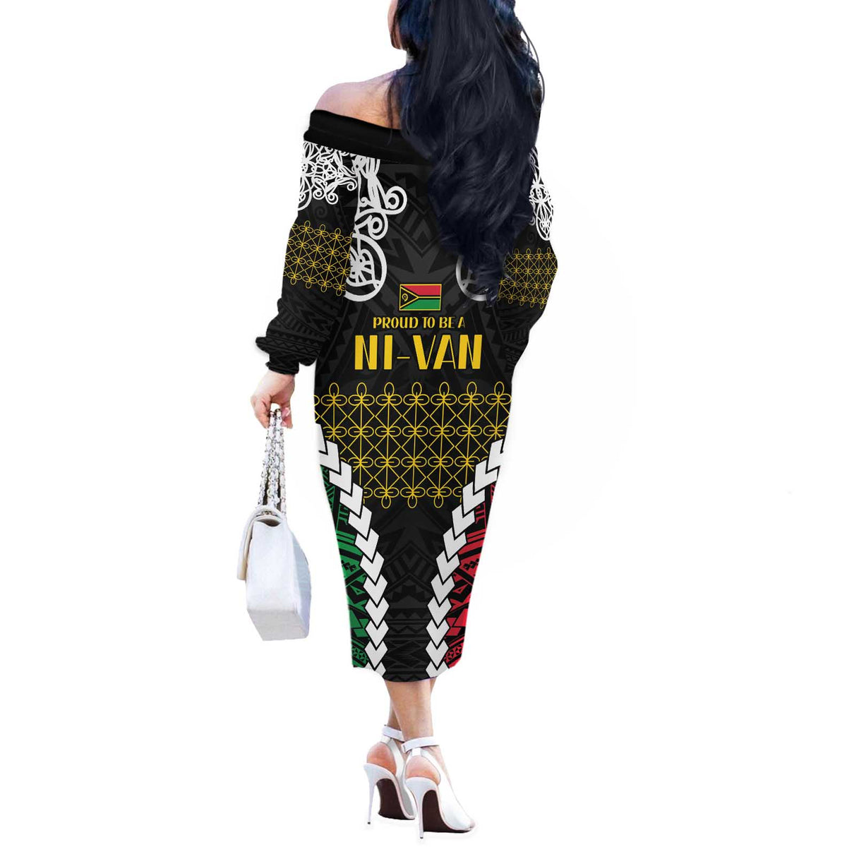 Halo Vanuatu Pride Off The Shoulder Long Sleeve Dress Vanuatuan Sand Drawing Pattern