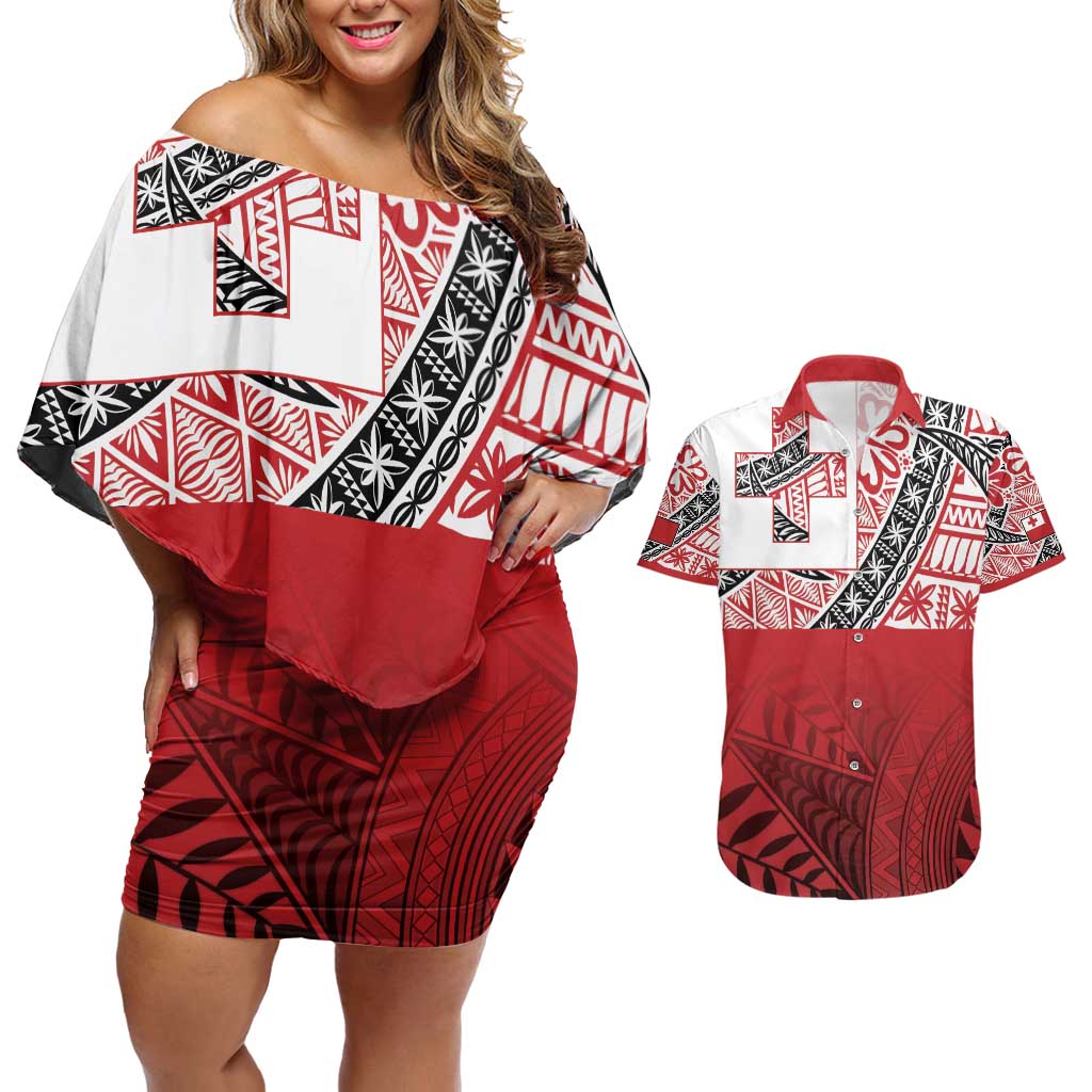 Malo e lelei Tonga Couples Matching Off Shoulder Short Dress and Hawaiian Shirt Ngatu Tokelau Feletoa Fata Traditional Polynesian Pattern