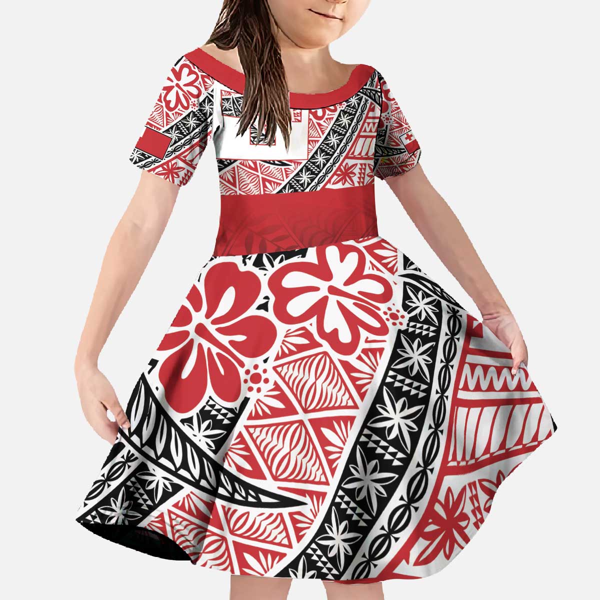 Malo e lelei Tonga Family Matching Off The Shoulder Long Sleeve Dress and Hawaiian Shirt Ngatu Tokelau Feletoa Fata Traditional Polynesian Pattern LT9 Daughter's Dress Red - Polynesian Pride
