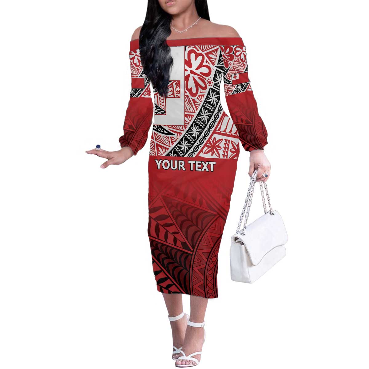 Malo e lelei Tonga Family Matching Off The Shoulder Long Sleeve Dress and Hawaiian Shirt Ngatu Tokelau Feletoa Fata Traditional Polynesian Pattern LT9 Mom's Dress Red - Polynesian Pride