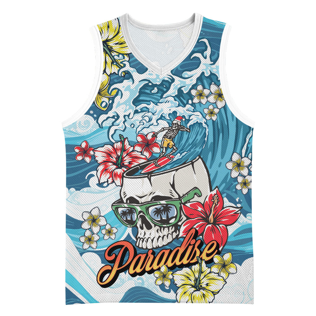 Hawaii Santa Skeleton Surfing Personalized Basketball Jersey Mele Kalikimaka i Iulai!